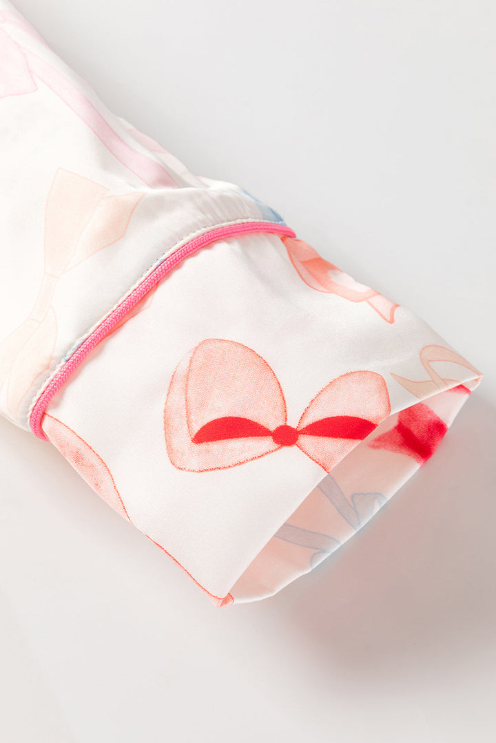 bow knot print lapel collar wide leg satin pajama set