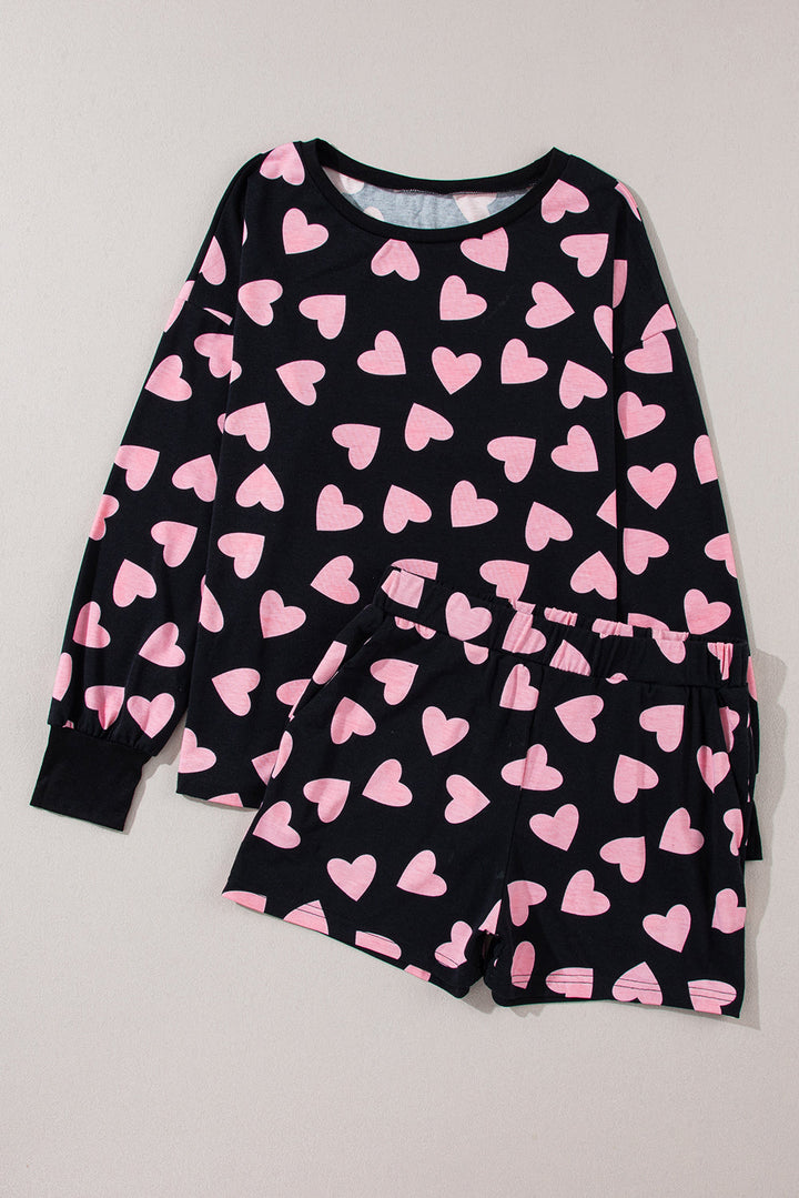 valentine heart shape print long sleeve top shorts lounge set