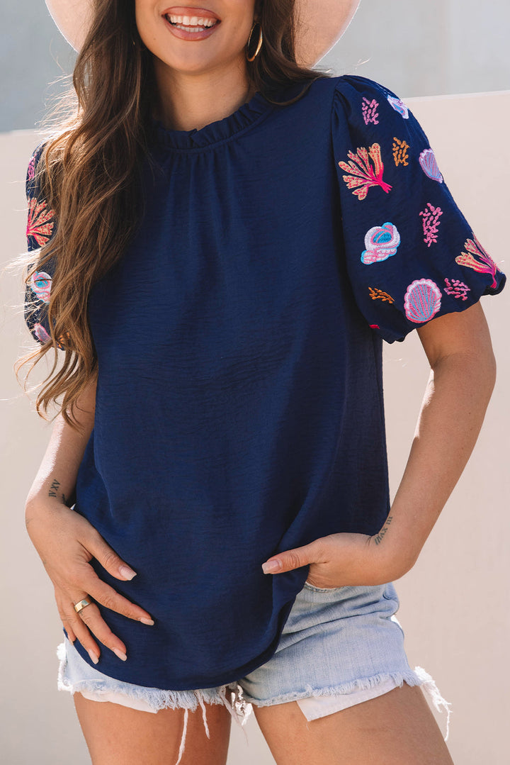 Shellfish Coral Embroidery Puff Sleeve Frilled Neck Blouse