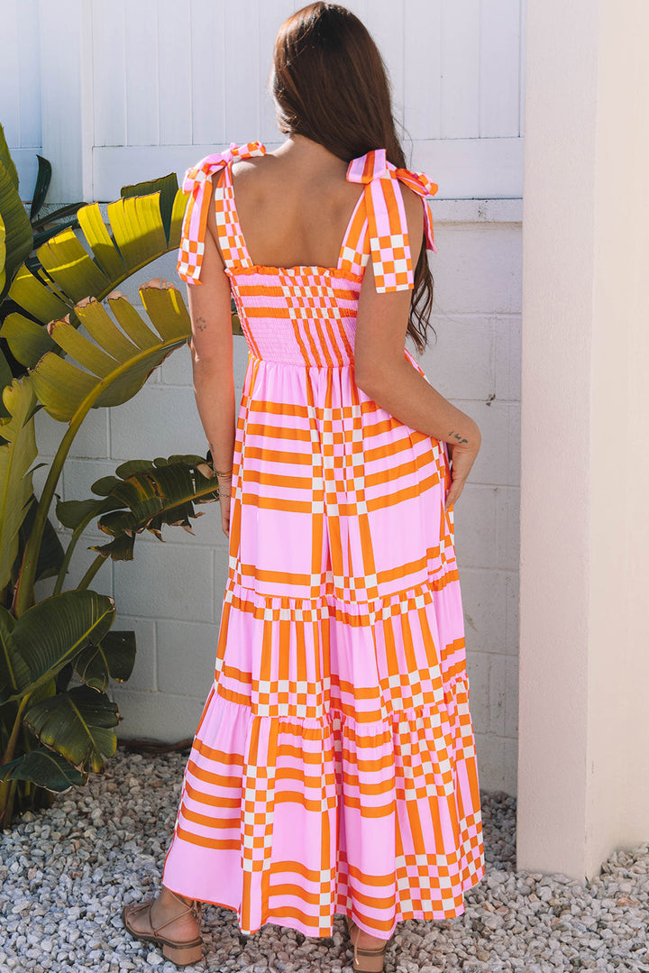 Boho Gingham Tied Straps Smocked Maxi Dress
