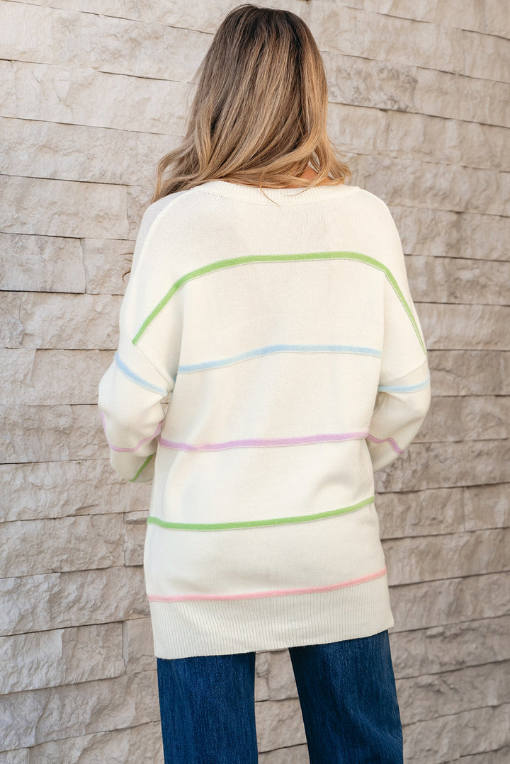 Rainbow Stripes Drop Shoulder Baggy Henley Sweater