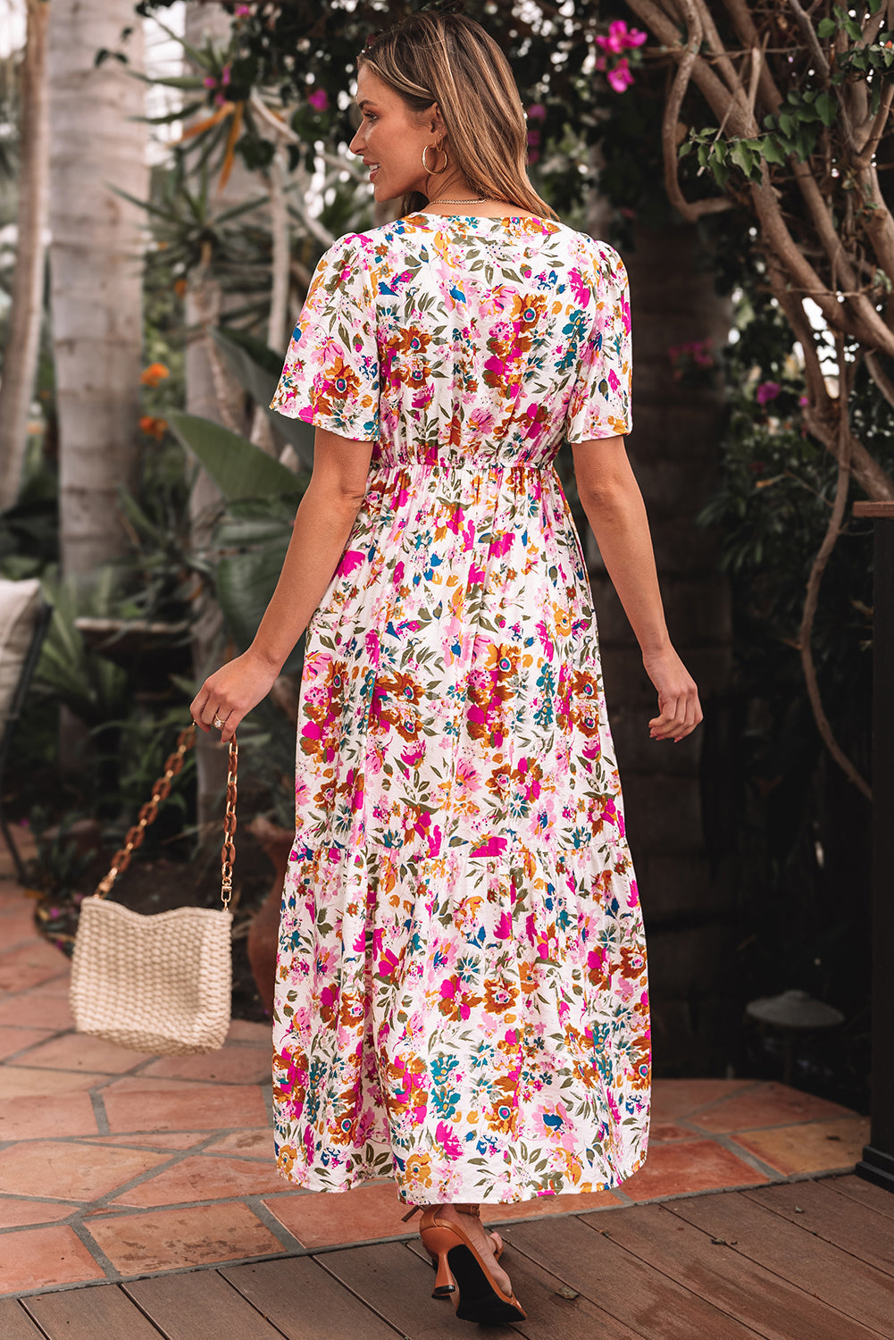 Floral Short Sleeve V Neck High Waist Maxi Dress