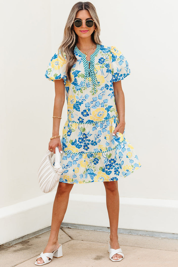 floral striped trim puff short sleeve dress