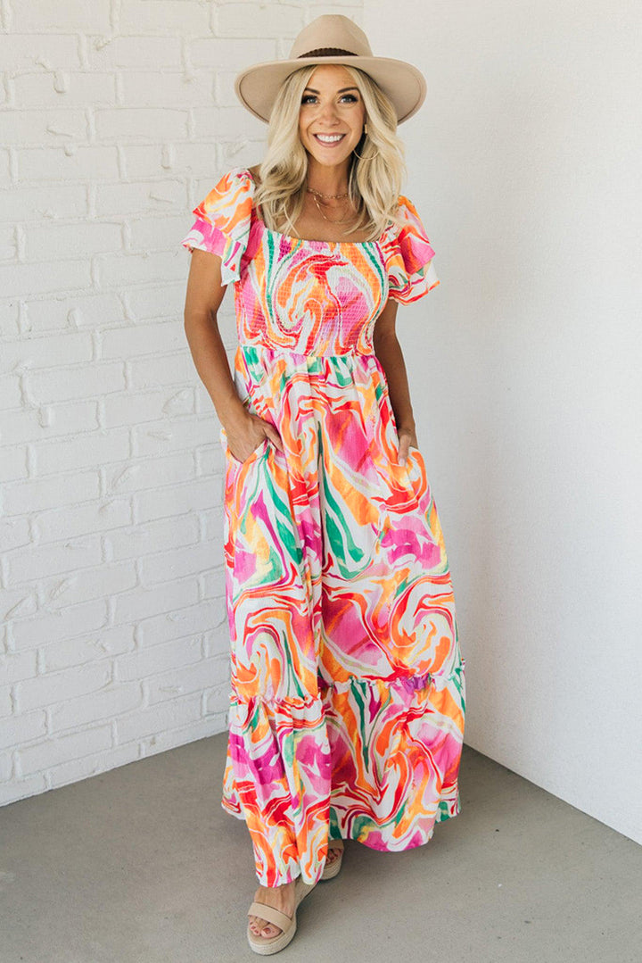 Abstract Print Ruffled Sleeve Smocked Bust Maxi Dress