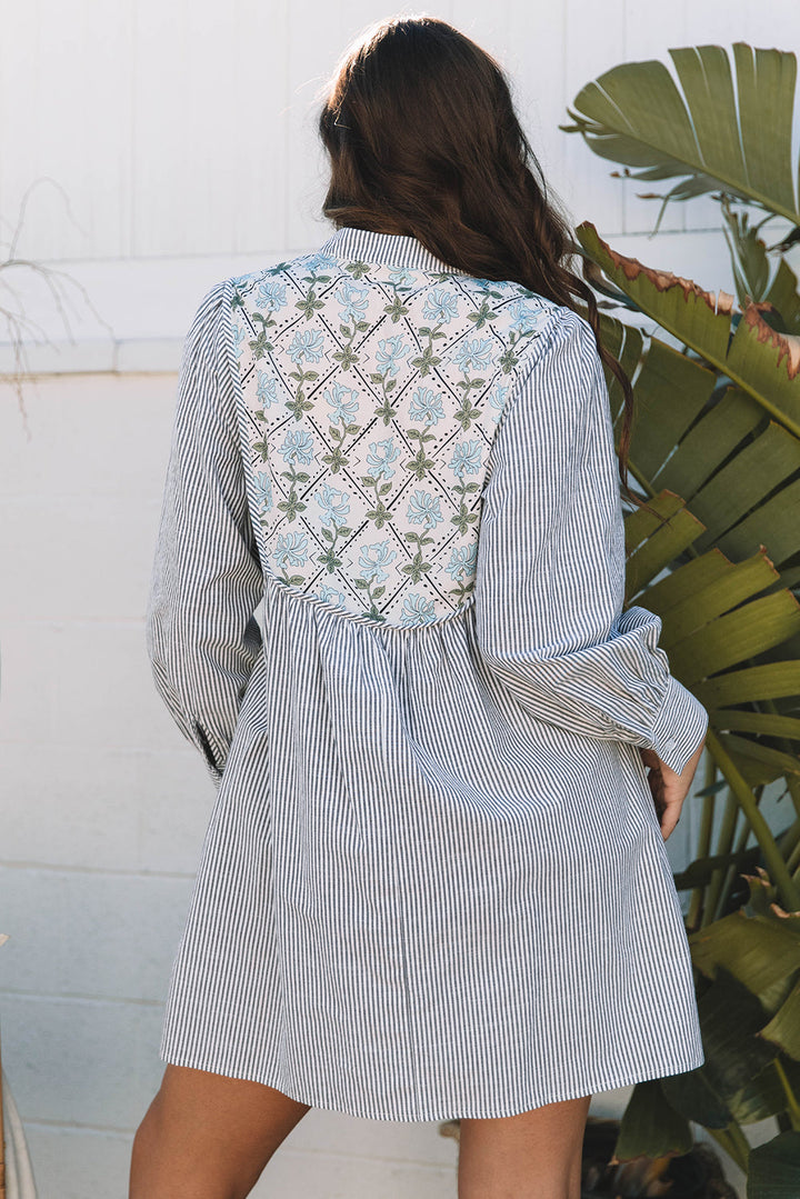 Floral Patchwork Tied V Neck Shift Long Sleeve Mini Dress