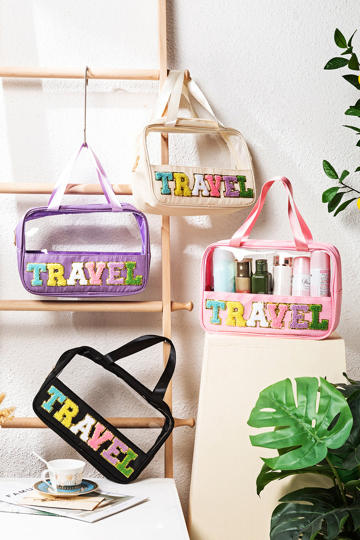 Trousse de maquillage TRAVEL en PVC transparent avec lettres en chenille