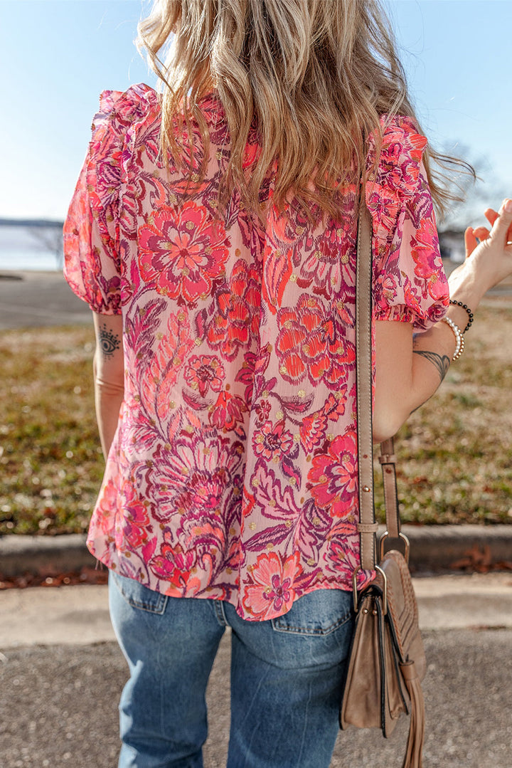 floral print ruffled puff short sleeve blouse