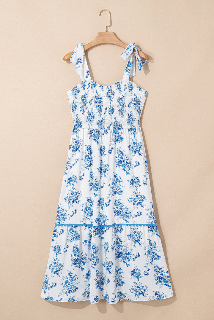 floral print shirred knot shoulder sleeveless long dress