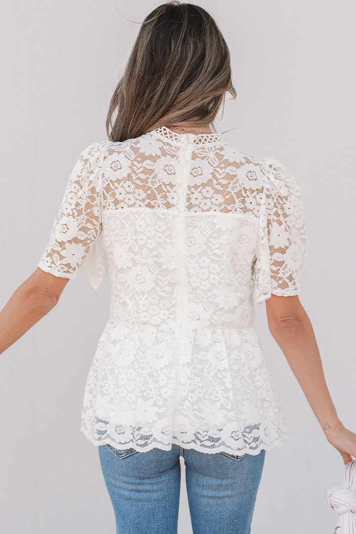 Short Sleeve Scalloped Floral Lace Peplum Blouse