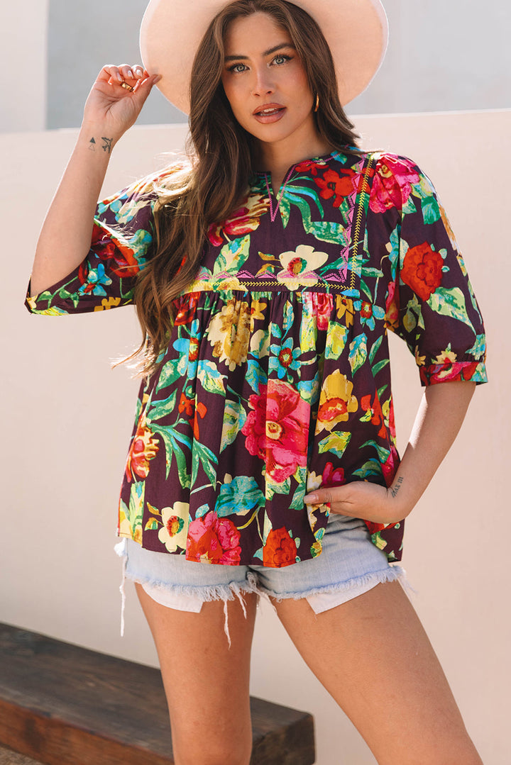 Rose Flower Embroidered Trim Half Sleeve Blouse