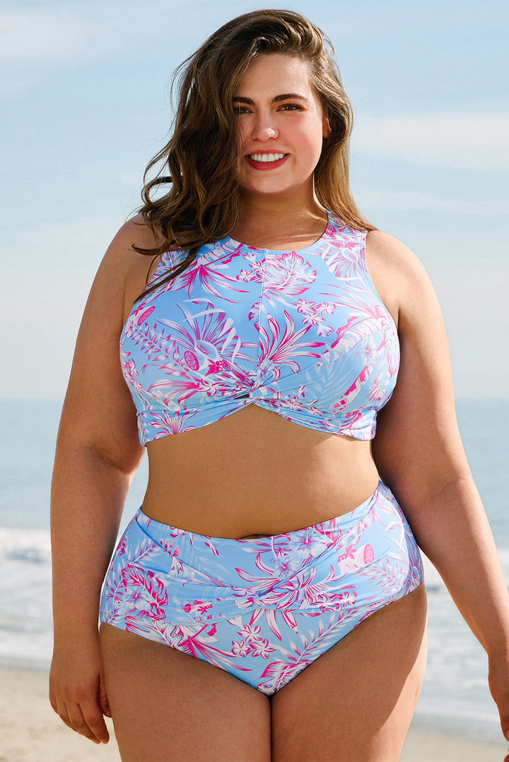 Plus Size Floral Print Twisted High Waist Bikini Set