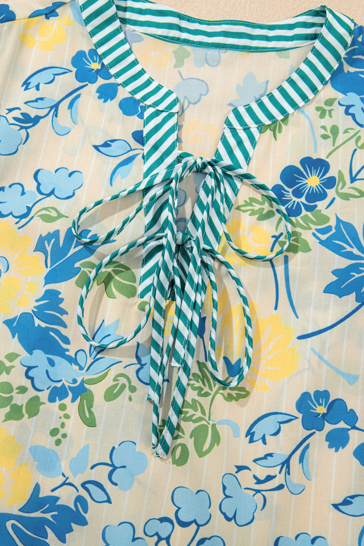 floral striped trim puff short sleeve dress