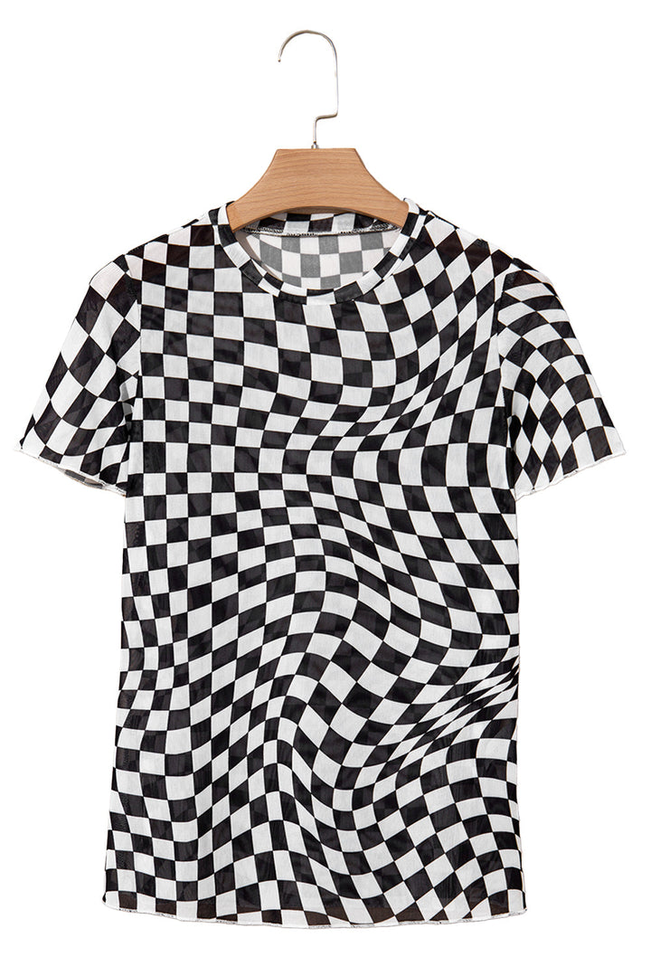 checker mesh crew neck t shirt