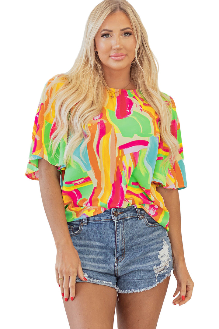 Abstract Print Keyhole Back Pleated Half Sleeve Blouse