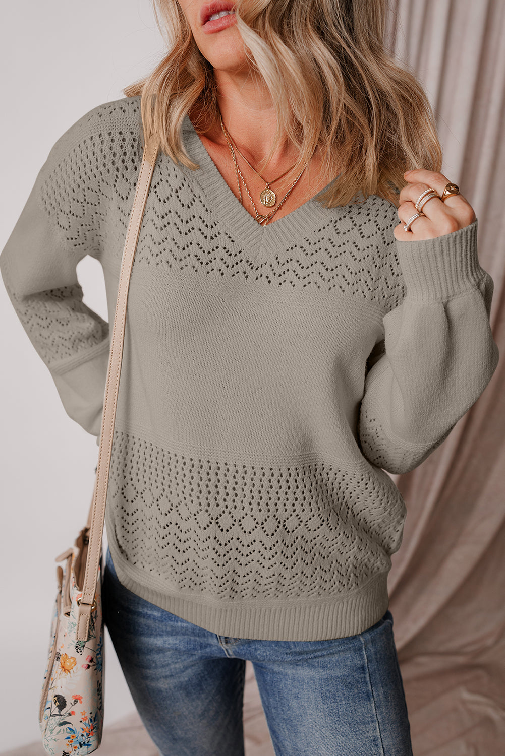 eyelet pattern detail v neck drop shoulder sweater 1
