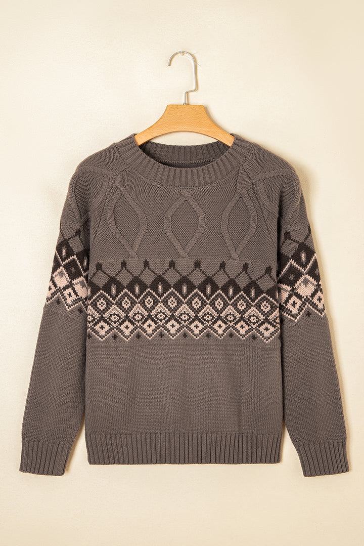 Western Geometric Patterned Crew Neck Knitted Sweater