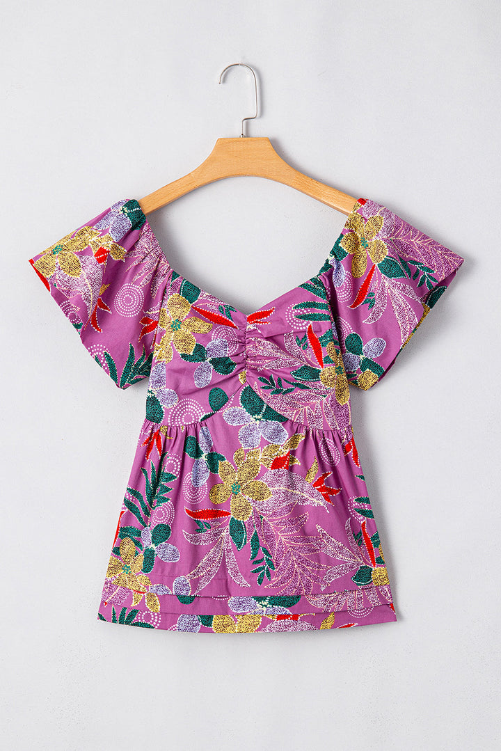Floral Print Sweetheart Neck Flutter Sleeve Blouse