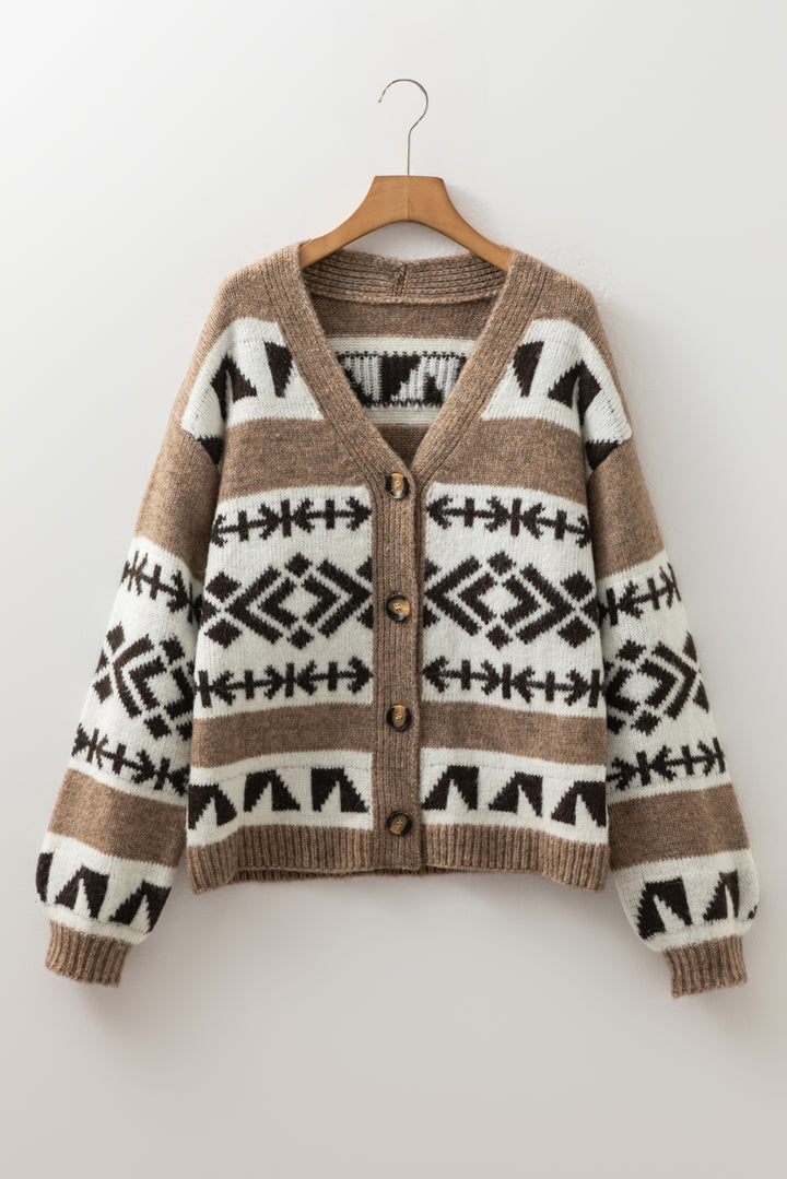 Ethnic Geometric Pattern Button Front V Neck Sweater Cardigan