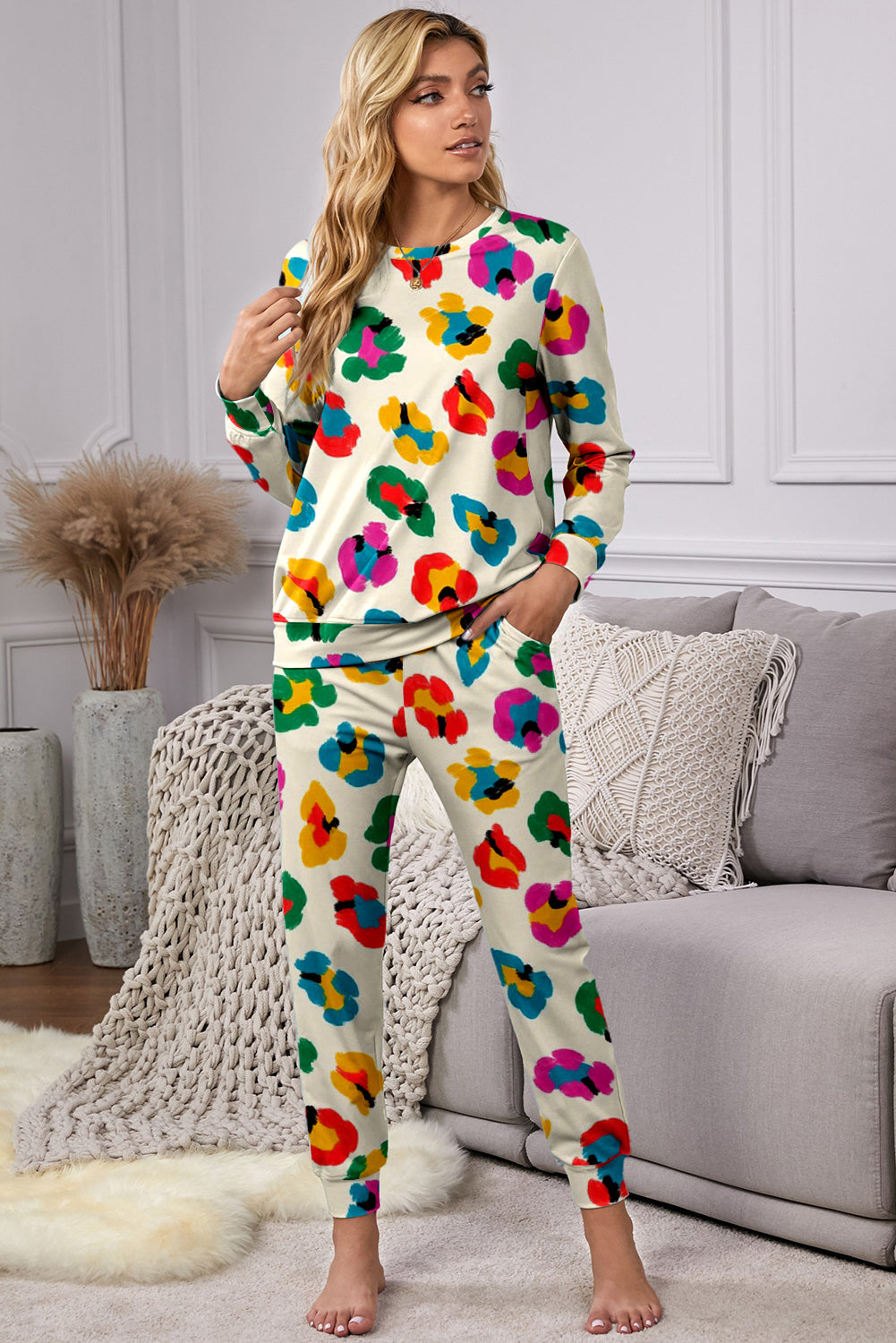 leopard print long sleeve top and skinny pants lounge set