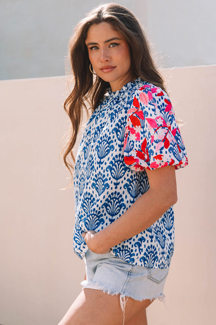Western Fashion Print Floral Puff Sleeve Frilled Neck Blouse