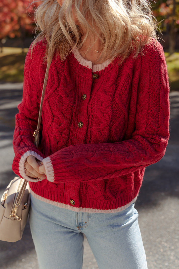 Color Contrast Edge Cable Knit Buttoned Cardigan