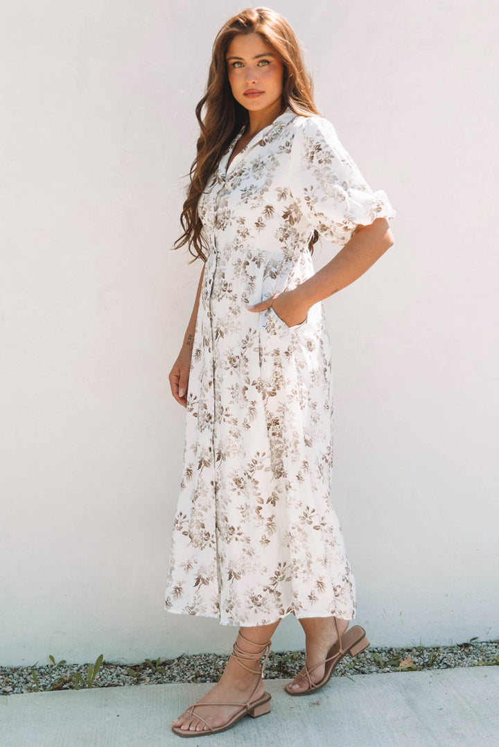floral puff sleeve v neck buttoned front maxi dress