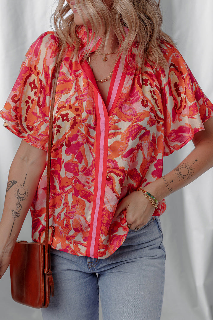 abstract print striped trim split neck blouse