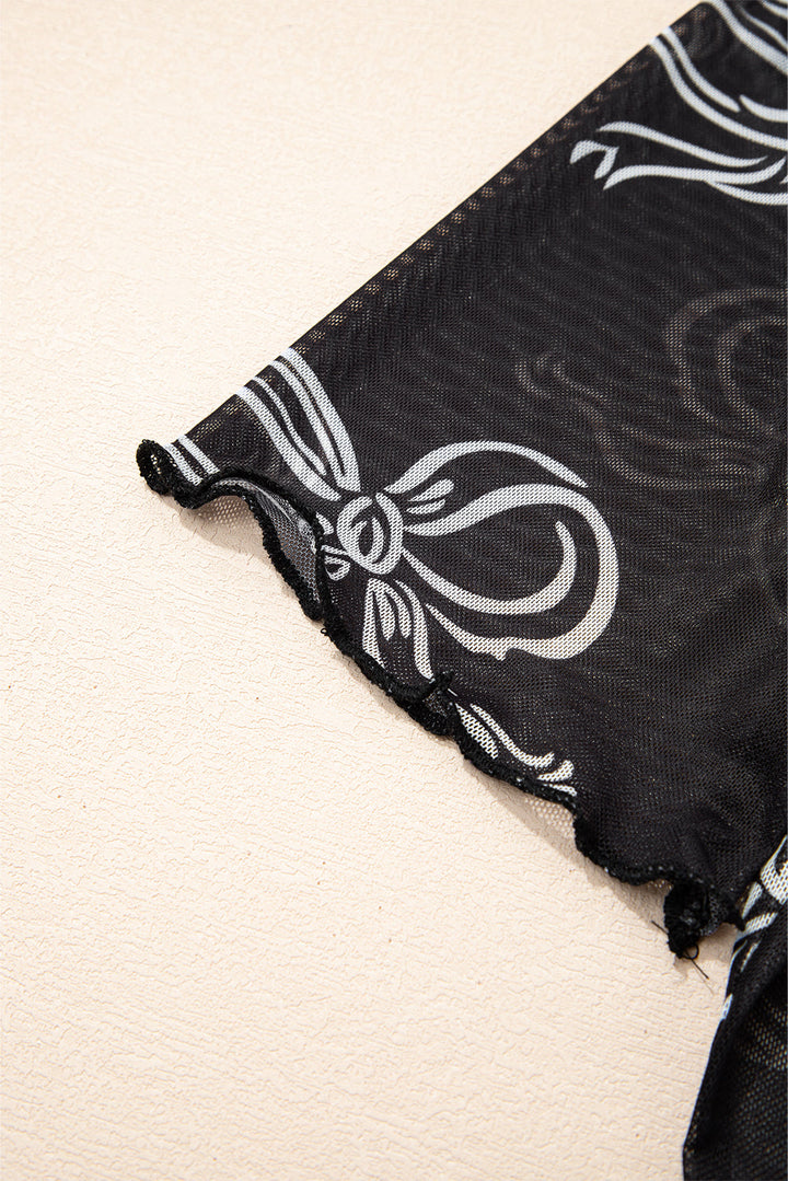 bow printed mesh short sleeve top