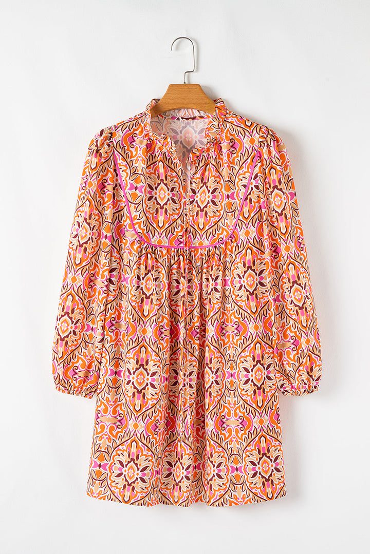 Abstract Printed Long Sleeve Tied Neckline Mini Dress