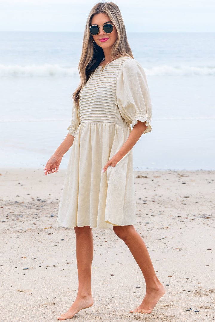 textured ruffled puff sleeve loose dress