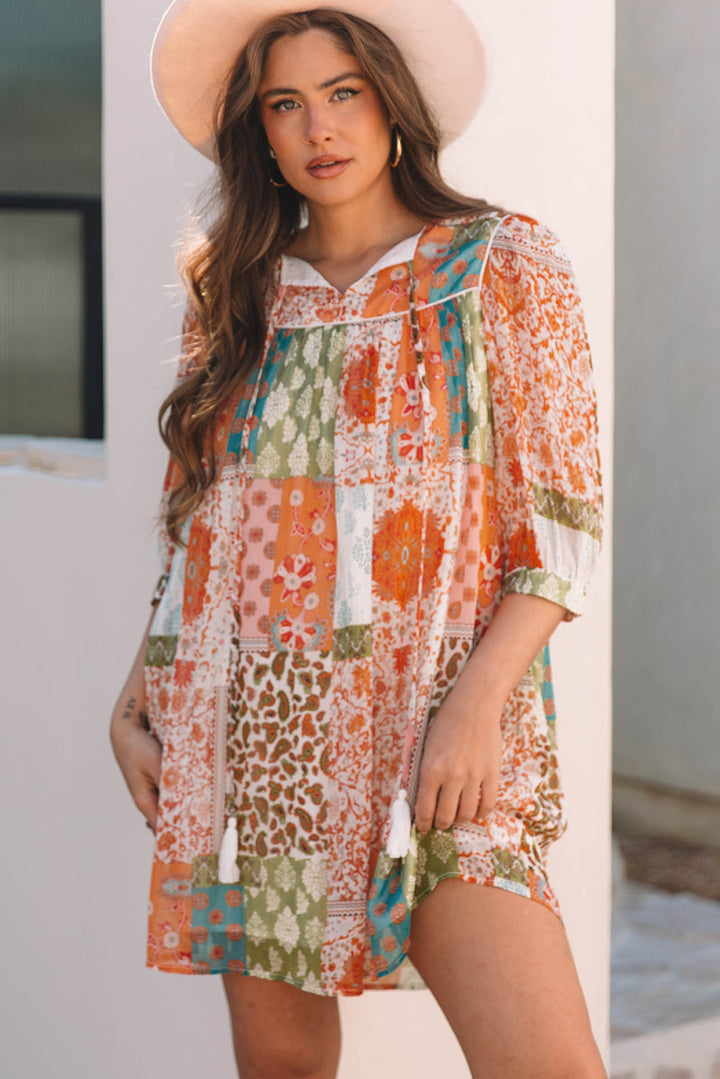 Boho Paisley Mixed Print 3/4 Sleeve Chiffon Loose Dress
