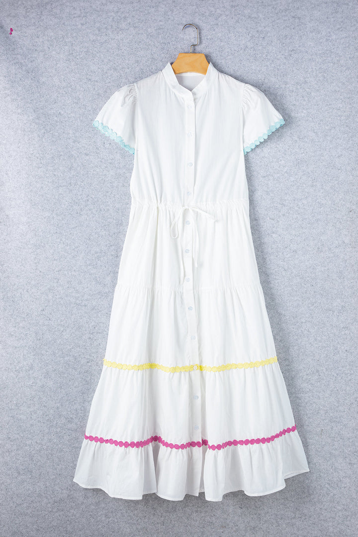 Colorblock Rickrack Trim Short Sleeve Drawstring Waist Long Dress