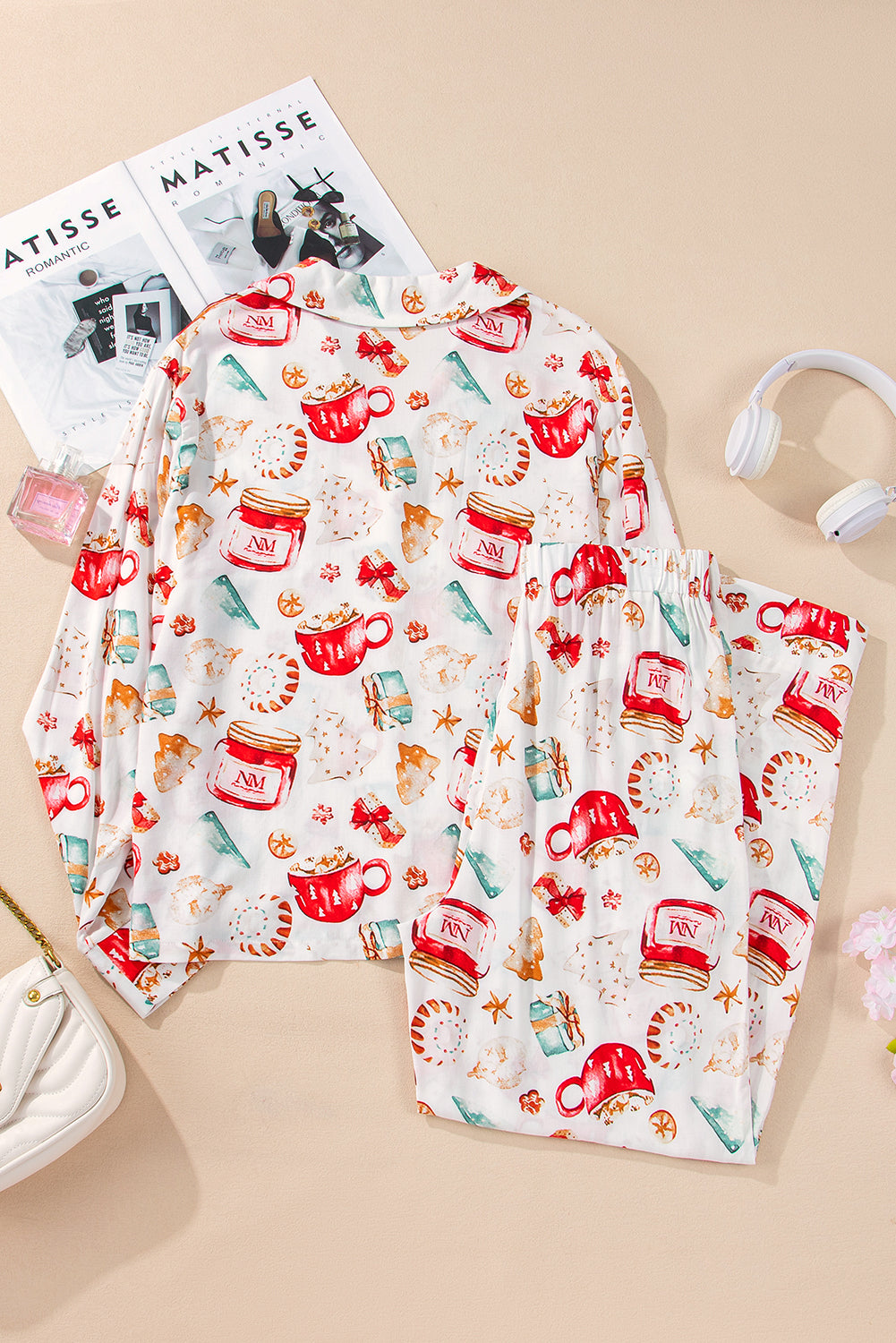 christmas pattern long sleeve shirt and pants pajama set