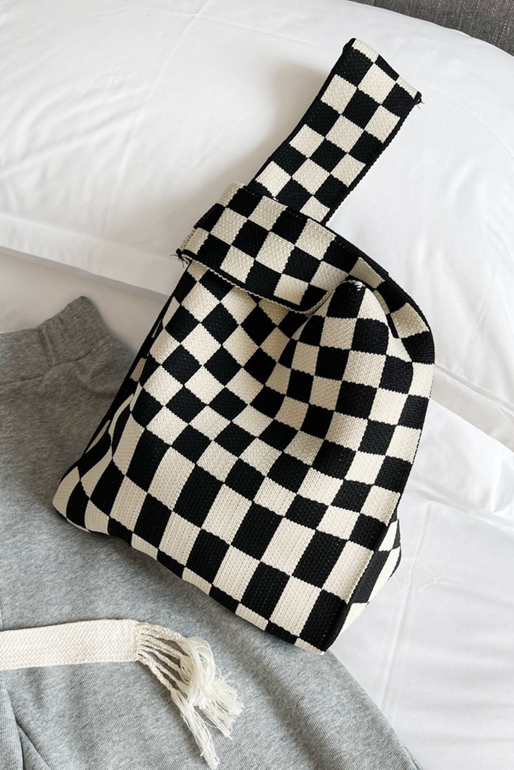 White Checkerboard Woolen Knitted Bag