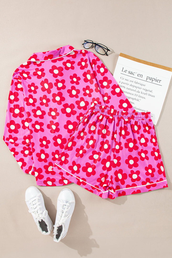 flower print long sleeve shirt shorts pajamas set 3