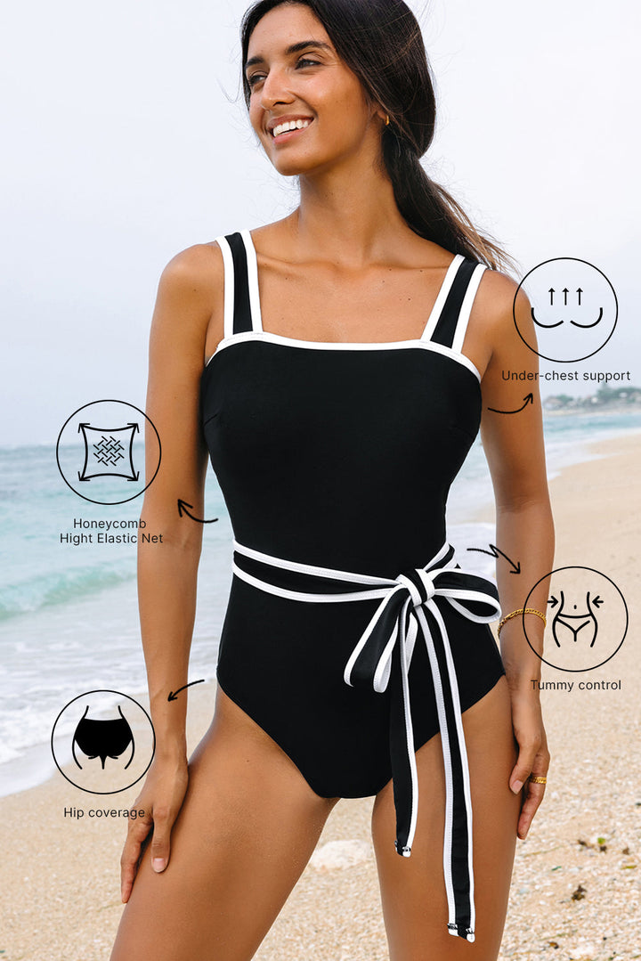 colorblock edge belted one piece swimsuit