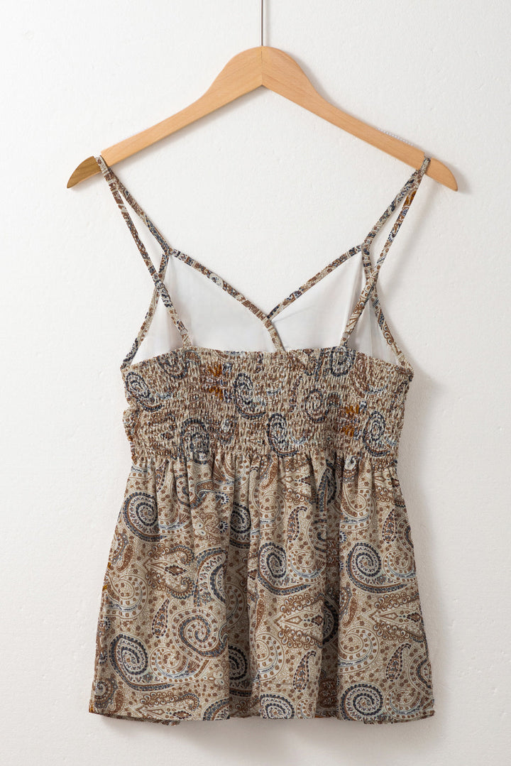 Paisley Printed Spaghetti Strap V Neck Smocked Babydoll Tank Top