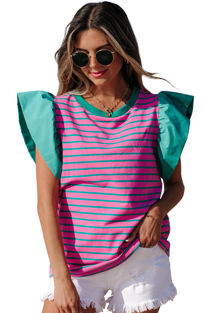 Colorblock Ruffled Sleeve Crew Neck Blouse