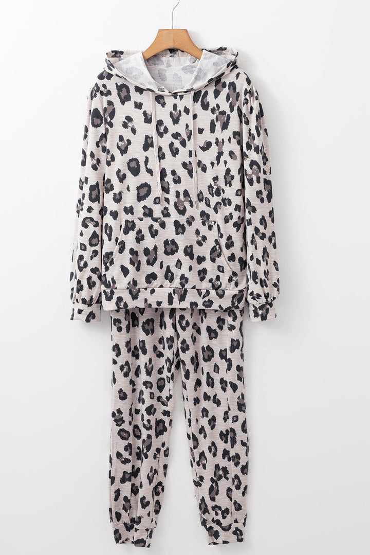 leopard print drawstring hoodie and skinny pants lounge set
