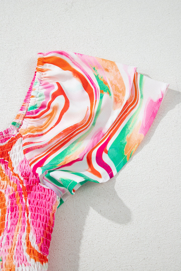 Abstract Print Ruffled Sleeve Smocked Bust Maxi Dress