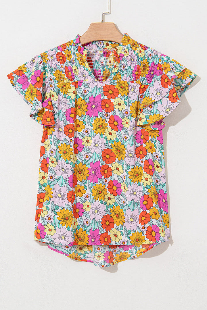 Floral Print Shirred Tiered Ruffled Sleeve Blouse