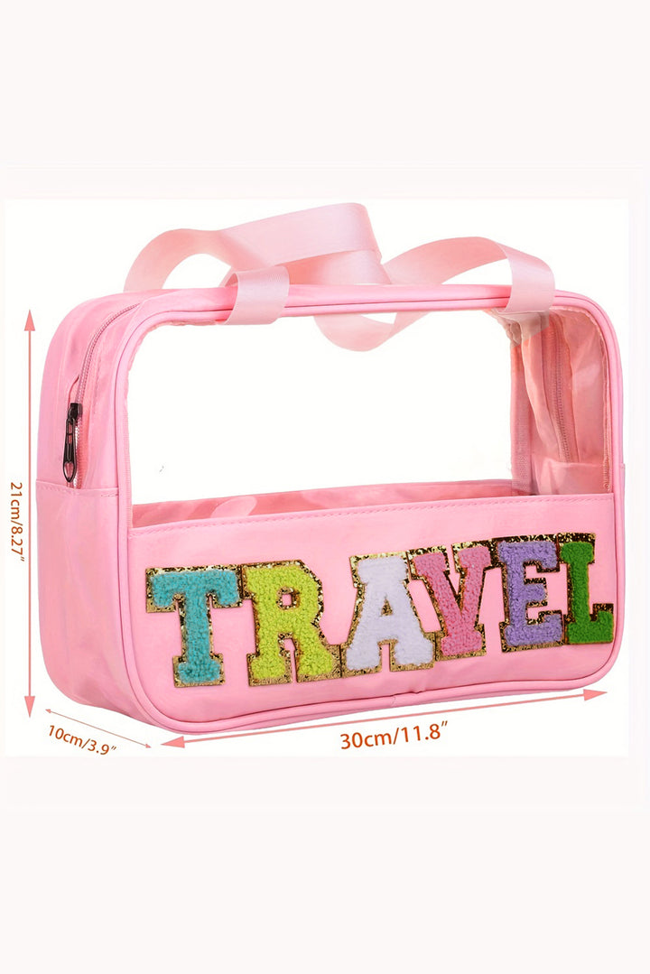 Trousse de maquillage TRAVEL en PVC transparent avec lettres en chenille