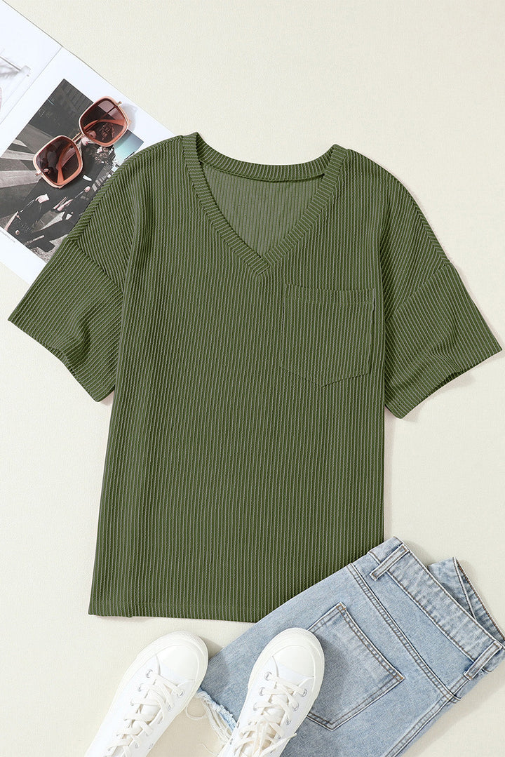 corded v neck chest pocket loose t shirt
