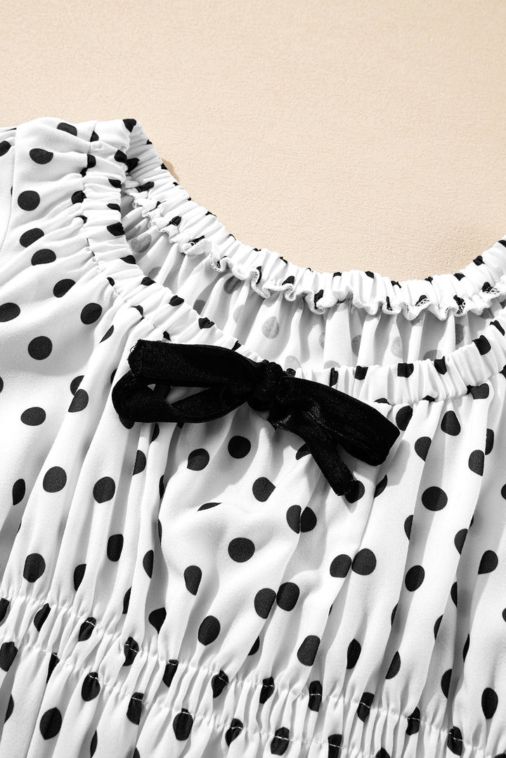 Polka Dot Puff Sleeve Bow Square Neck Peplum Top