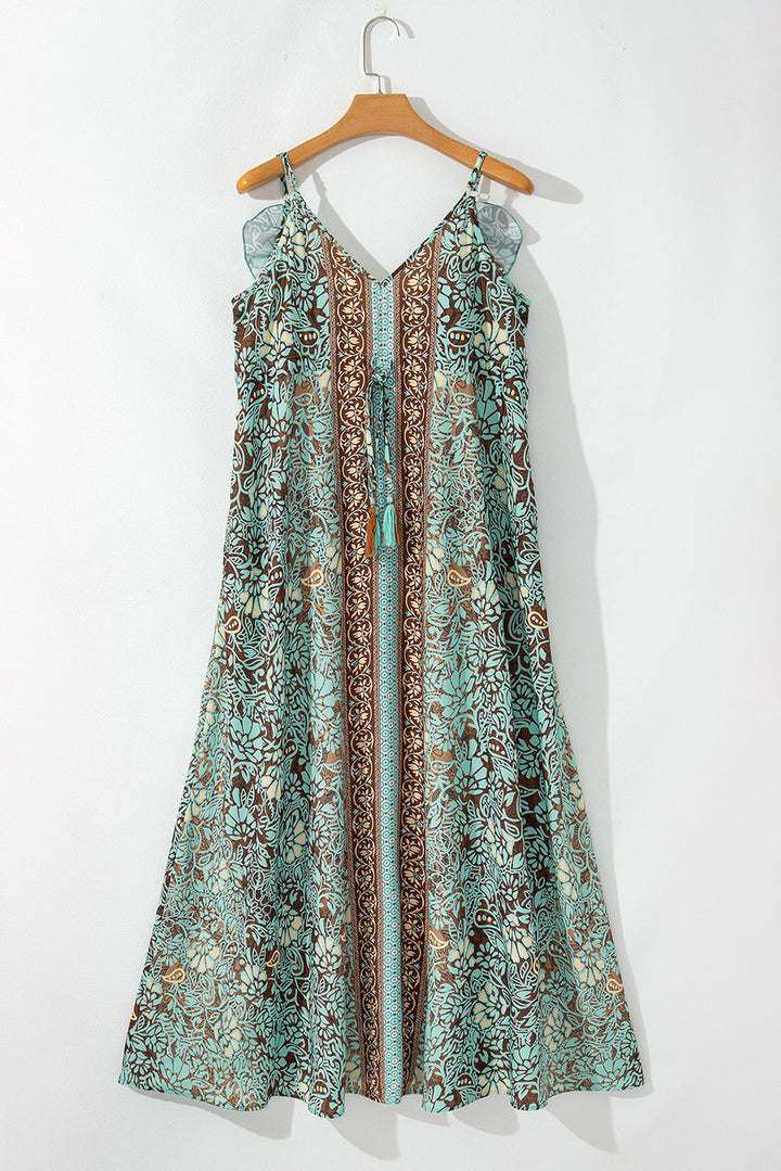 Floral Print V Neck Ruffled Trim Backless Tassel Waist Maxi Dress