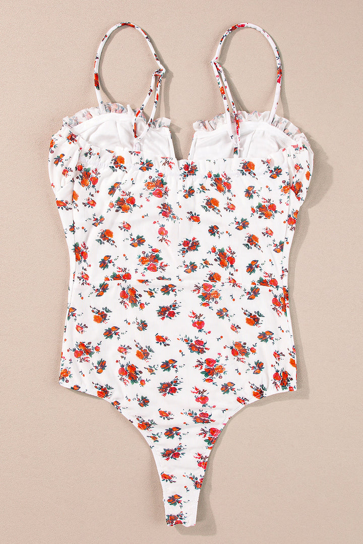 Floral V Cut Frilled Trim Spaghetti Straps Bodysuit