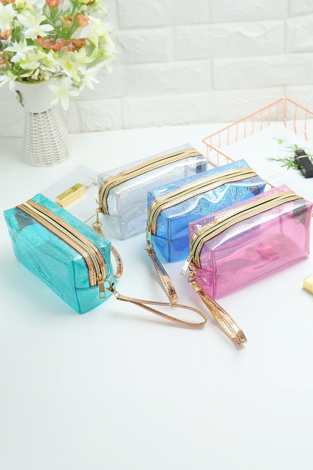 Trousse de maquillage carrée en PU de couleur unie