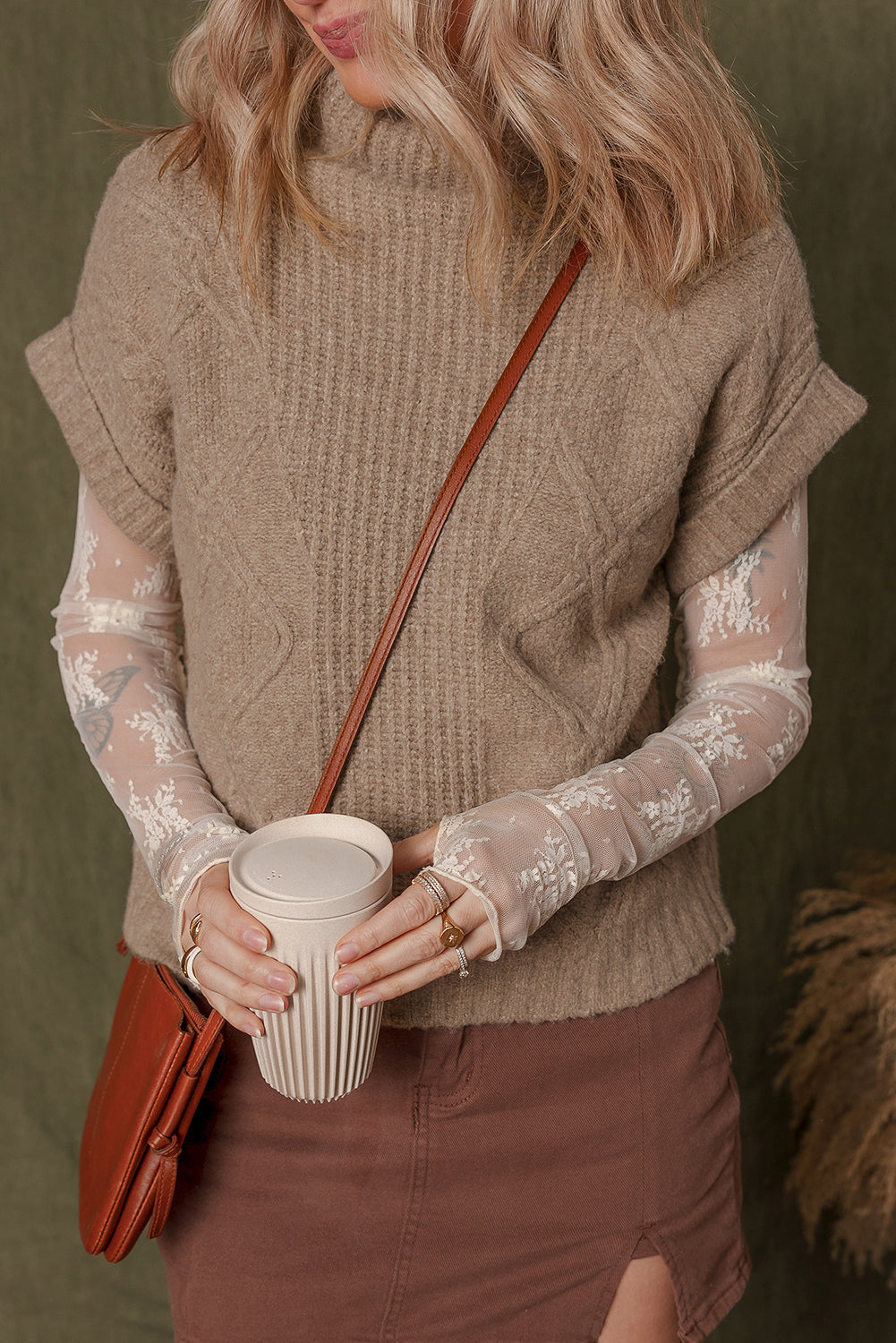 Textured Knit High Neck Sweater T Shirt
