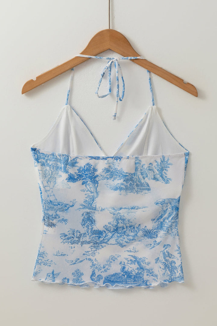random printed mesh bow detail halterneck tank top
