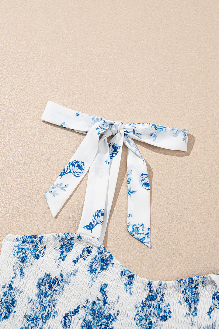 floral print shirred knot shoulder sleeveless long dress